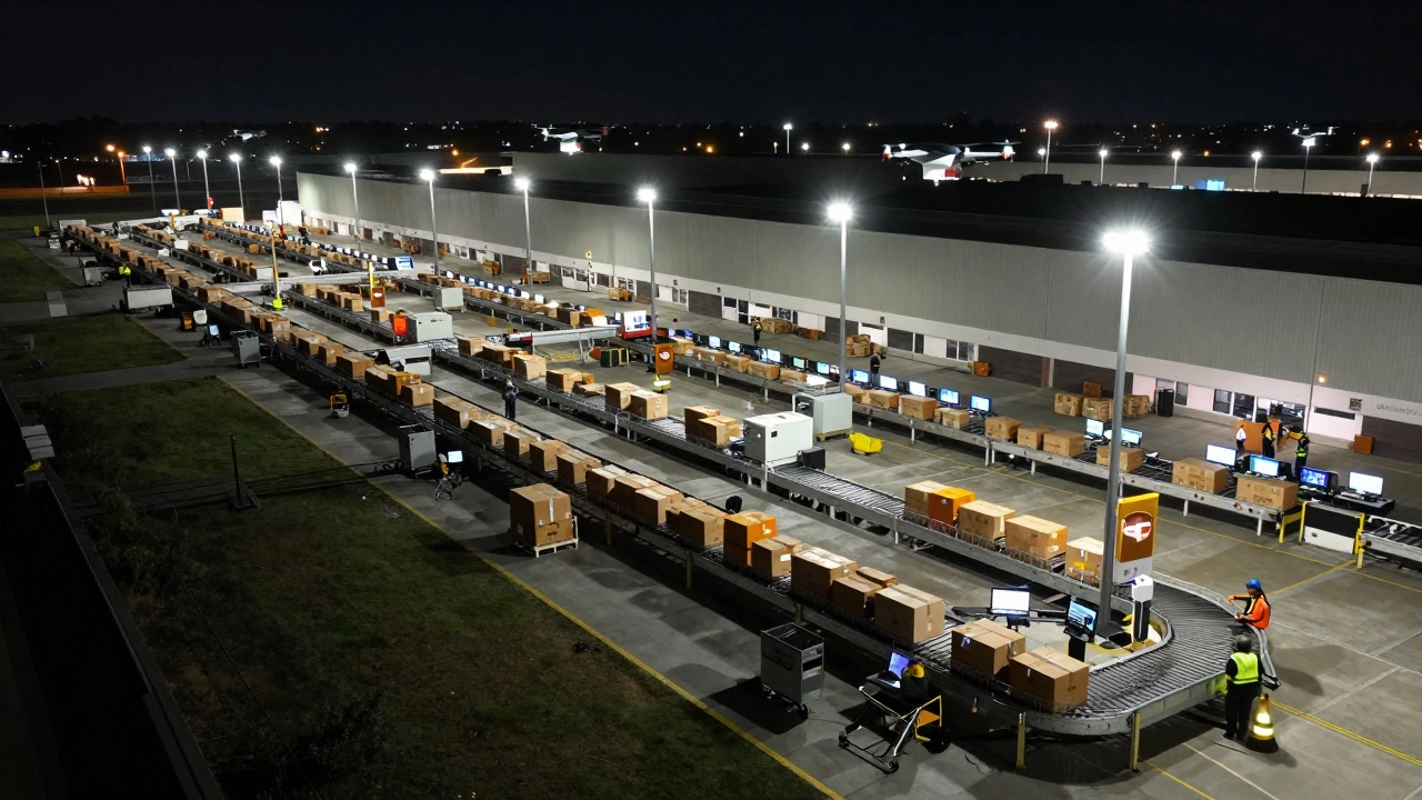 Nighttime aerial view of a massive UPS sorting facility with conveyor belts and workers.