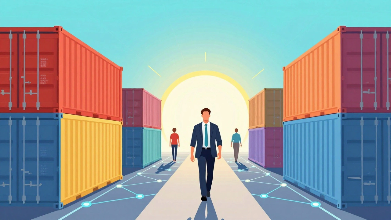 Professional walking up a path of containers symbolizing career growth.