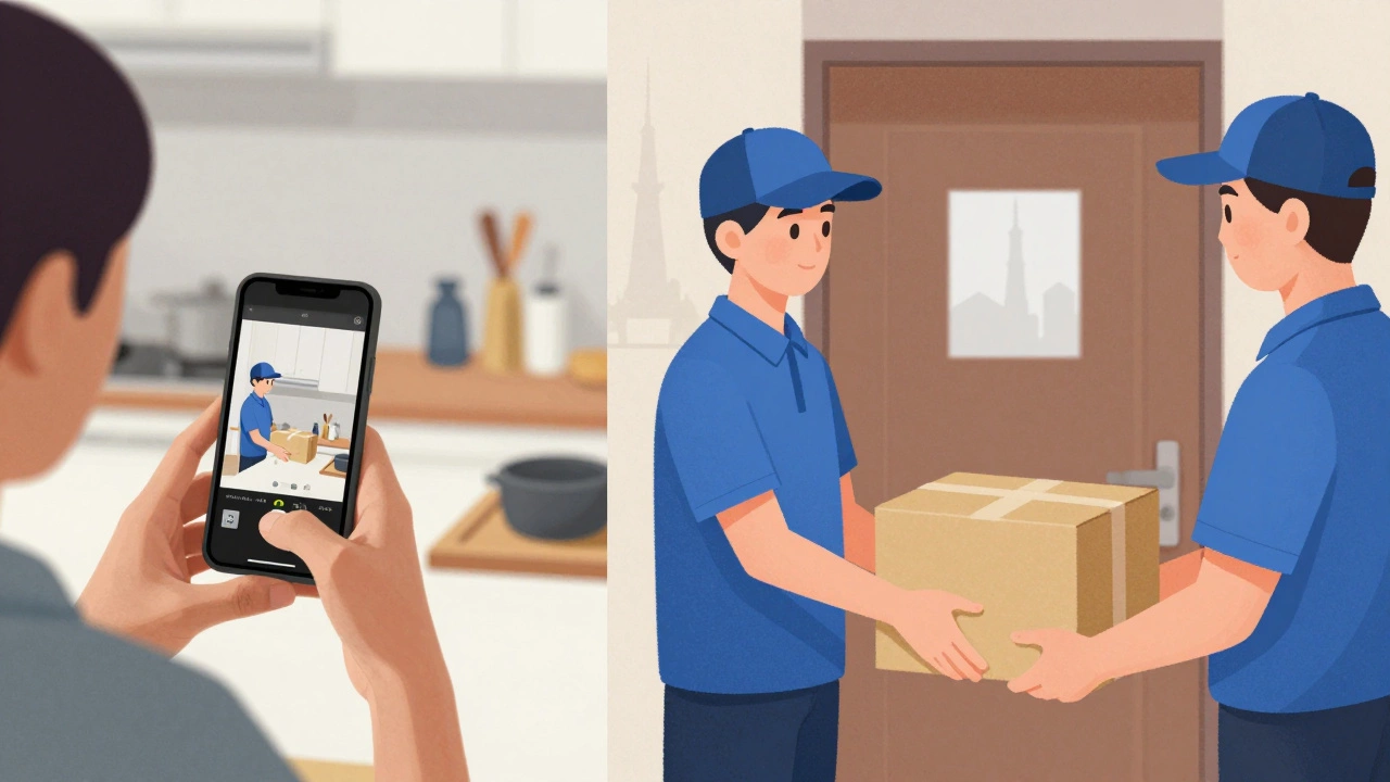 Split image: someone photographing products and a package being delivered to a doorstep in Tokyo.