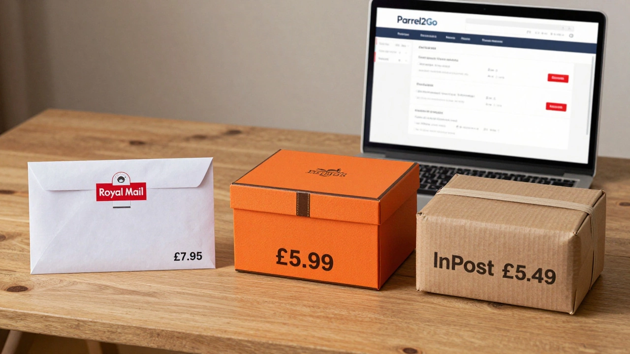 Three courier packages side by side with prices, next to a laptop showing a price comparison site.