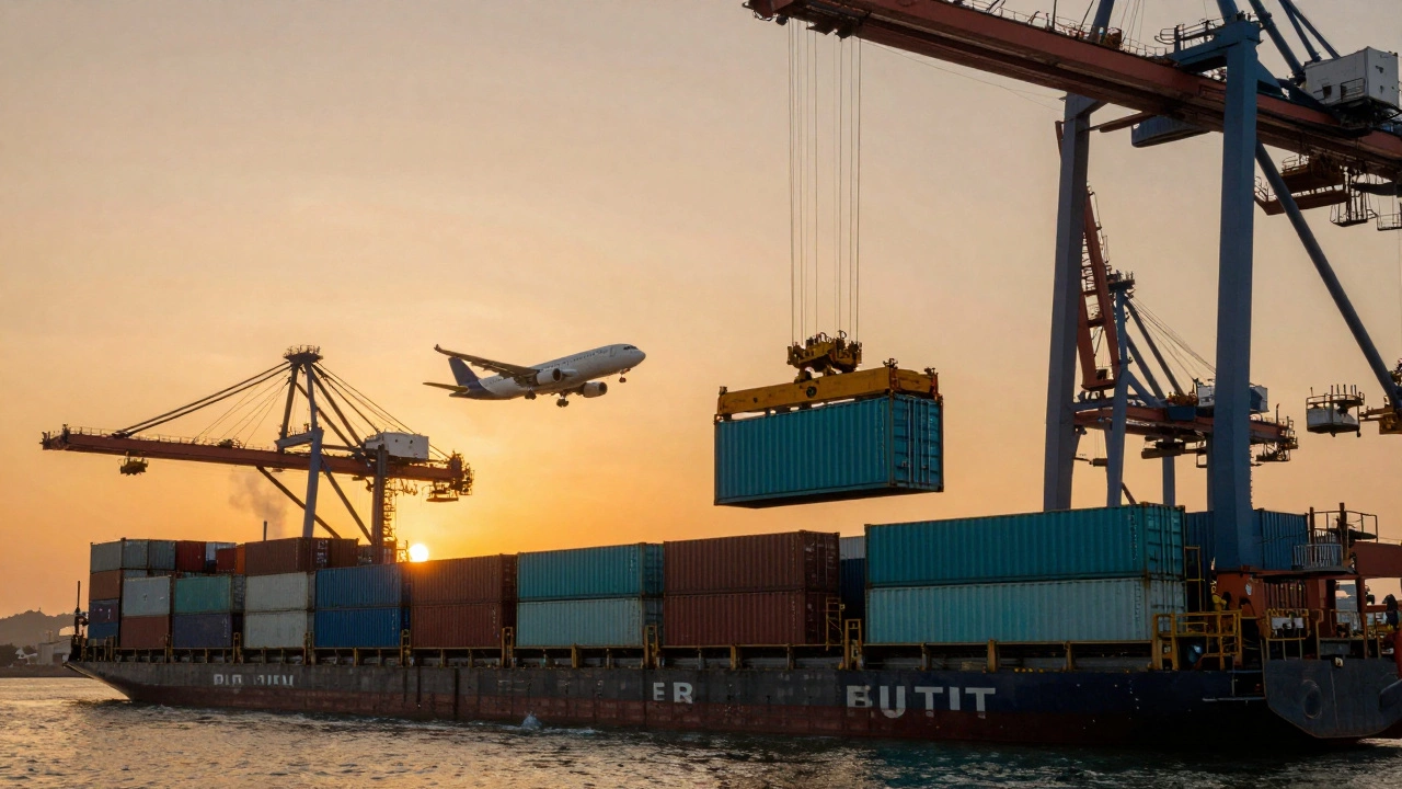 A large cargo ship container being lifted by a crane with a plane taking off at sunset
