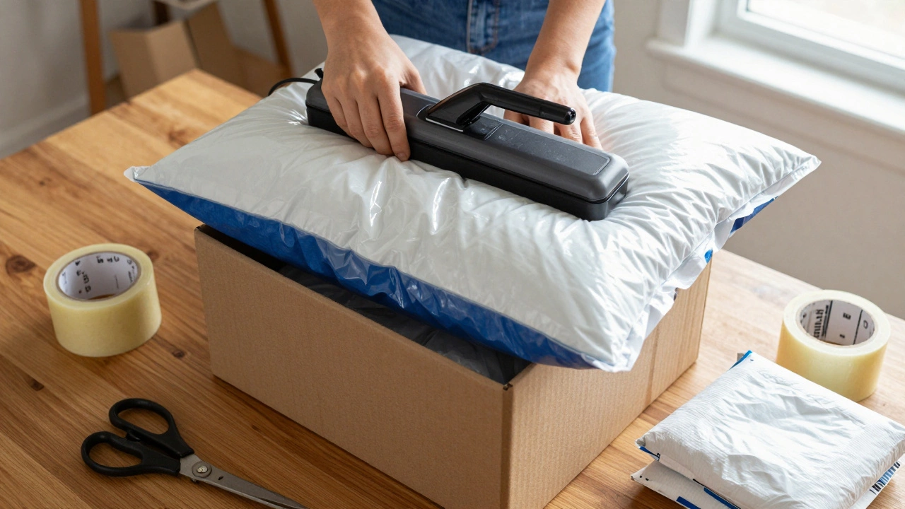 A person vacuum sealing a pillow to fit it into a smaller shipping box.