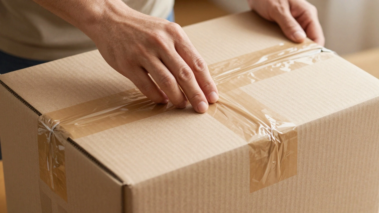 Close-up of a cardboard box being securely packed with protective cushioning materials