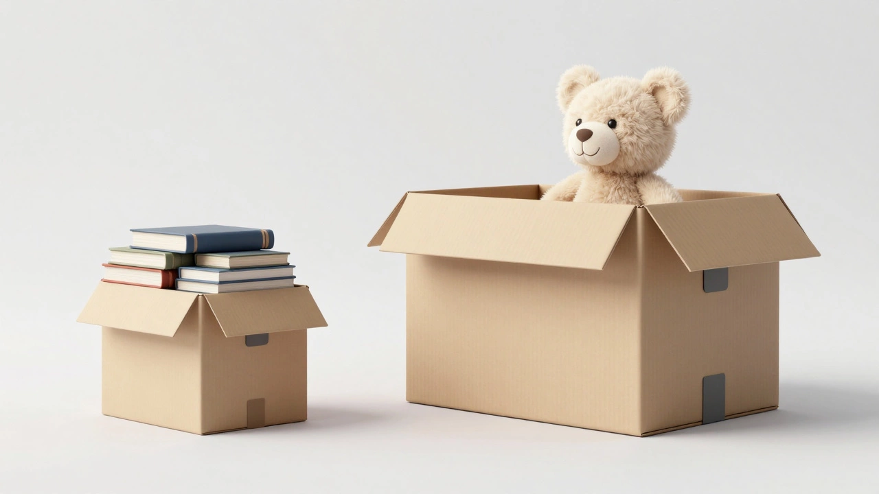 Comparison between a small heavy box of books and a large light box with a toy.