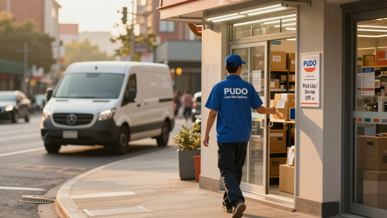 Courier delivering a package to a local pickup point in a city