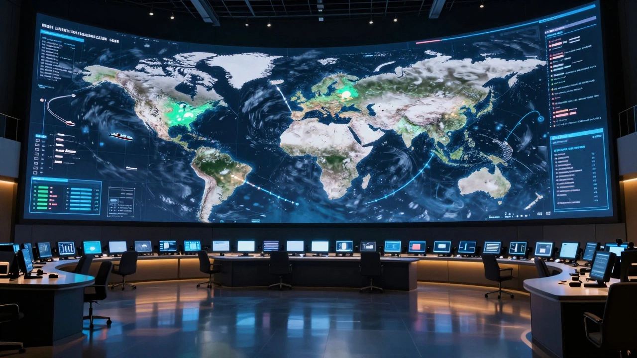 High-tech logistics command center with holographic maps and predictive AI weather tracking
