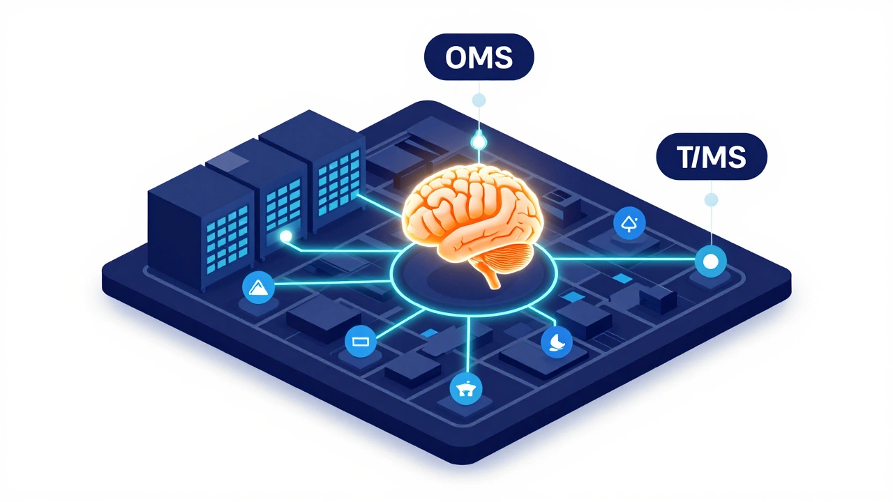 Isometric diagram showing the connection between OMS, WMS, and TMS software systems