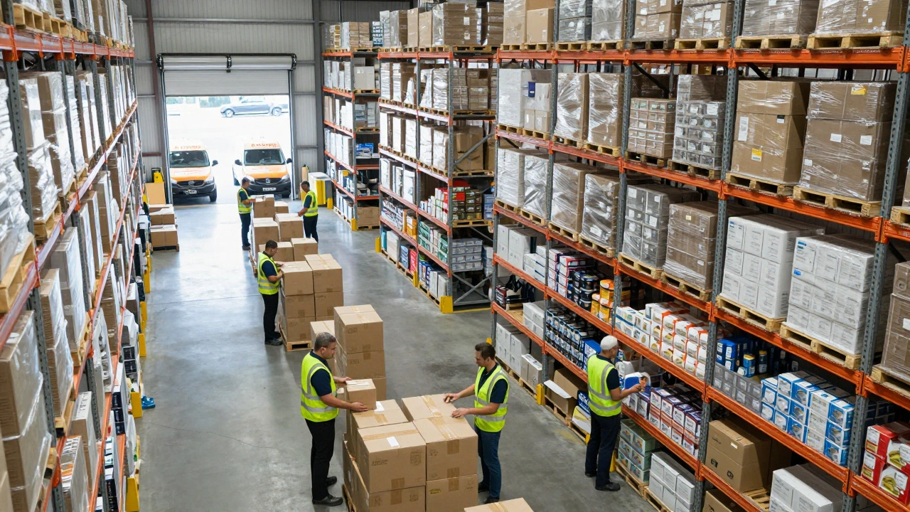 Large professional fulfillment center warehouse with staff and delivery vans.