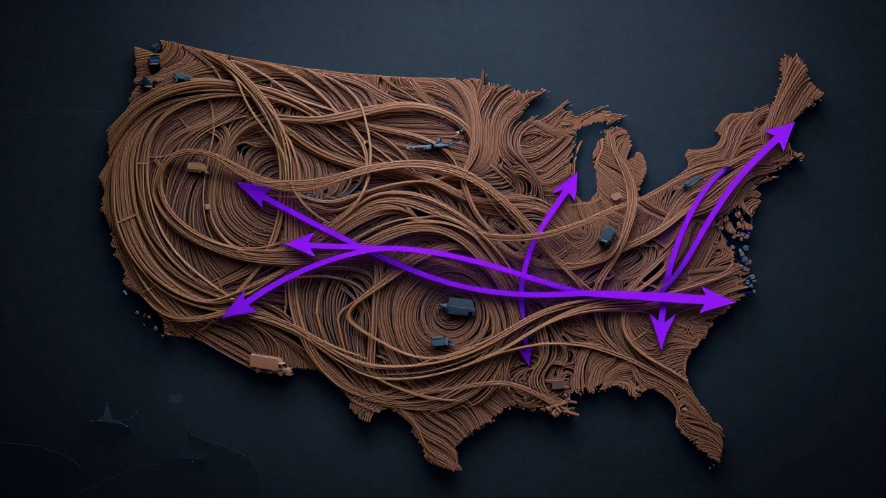 Abstract map showing dense ground routes versus direct air flight paths across the US