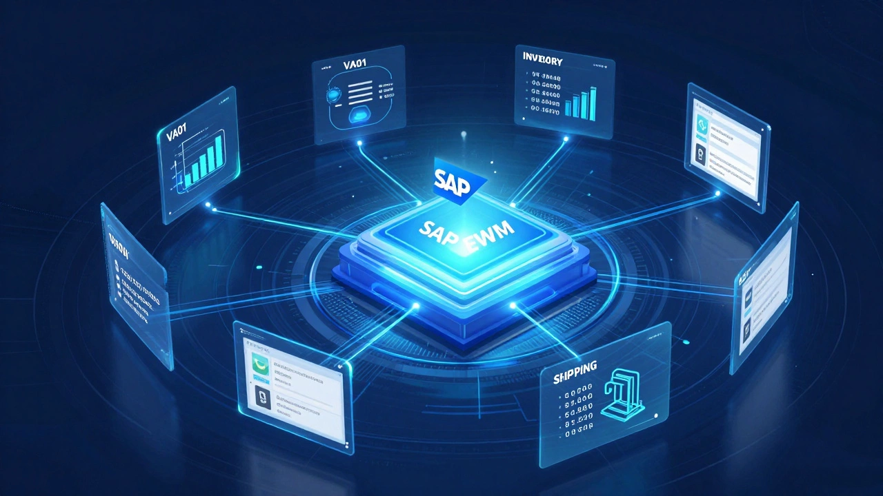 Abstract visualization of complex SAP software modules and data connections.