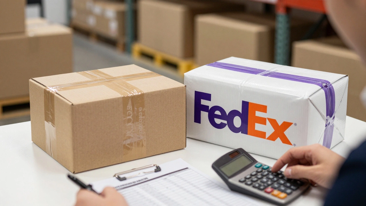 Business desk with two shipping packages and a calculator amidst a busy warehouse