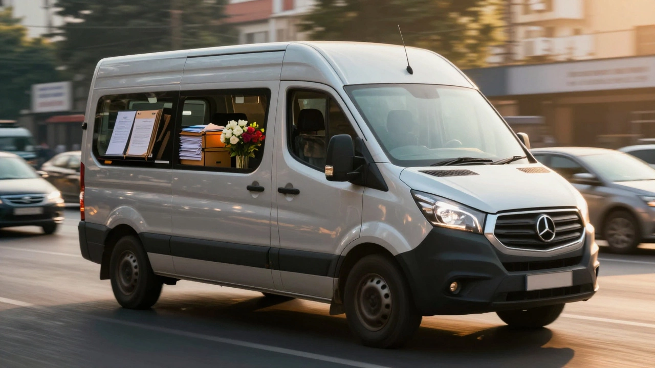 Courier van delivering urgent items like documents and flowers in a city at dawn