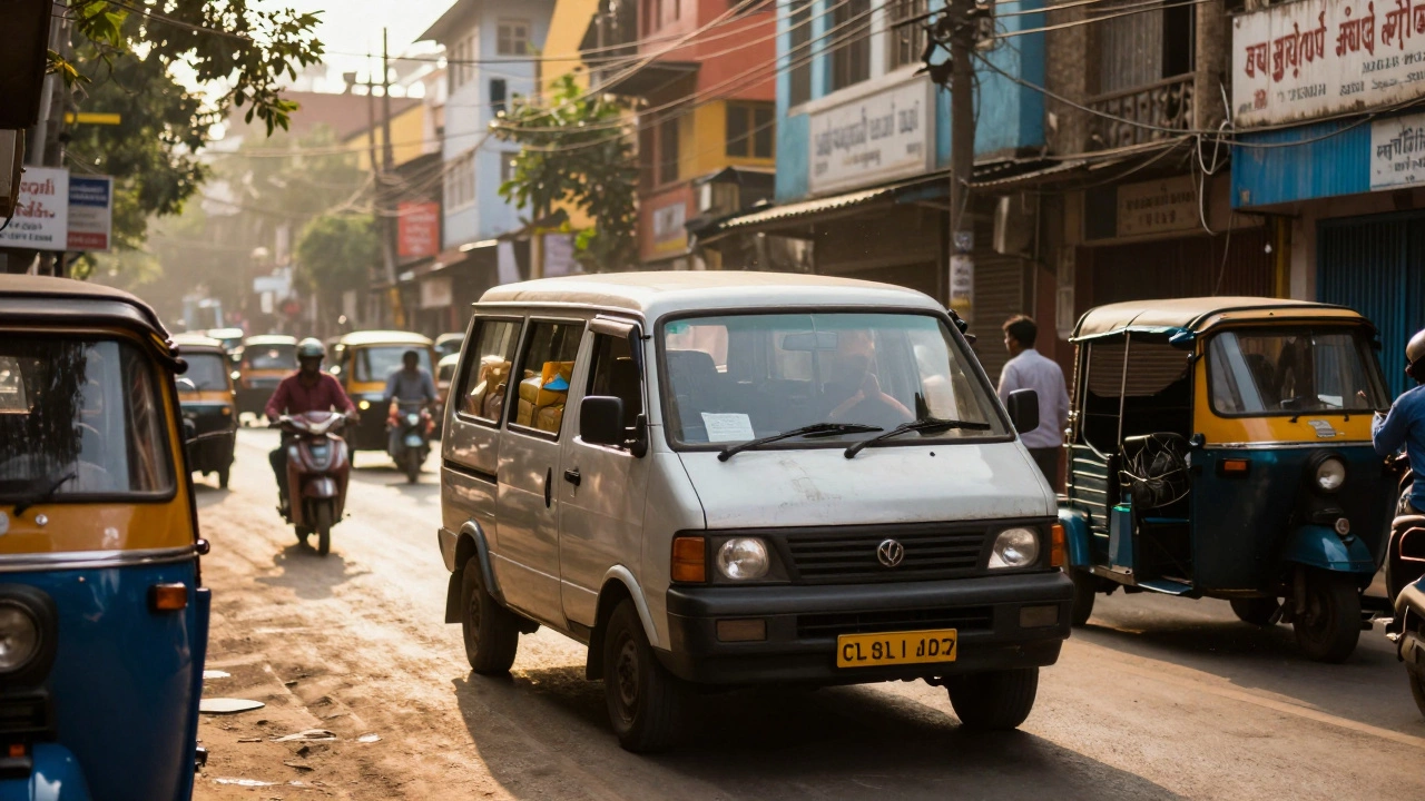 Delivery van driving through crowded Indian city street