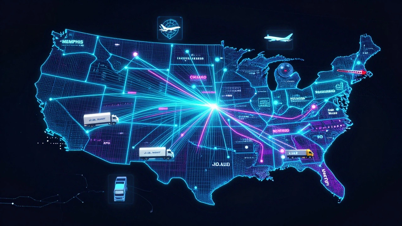 Digital map of US with glowing data streams showing logistics routes