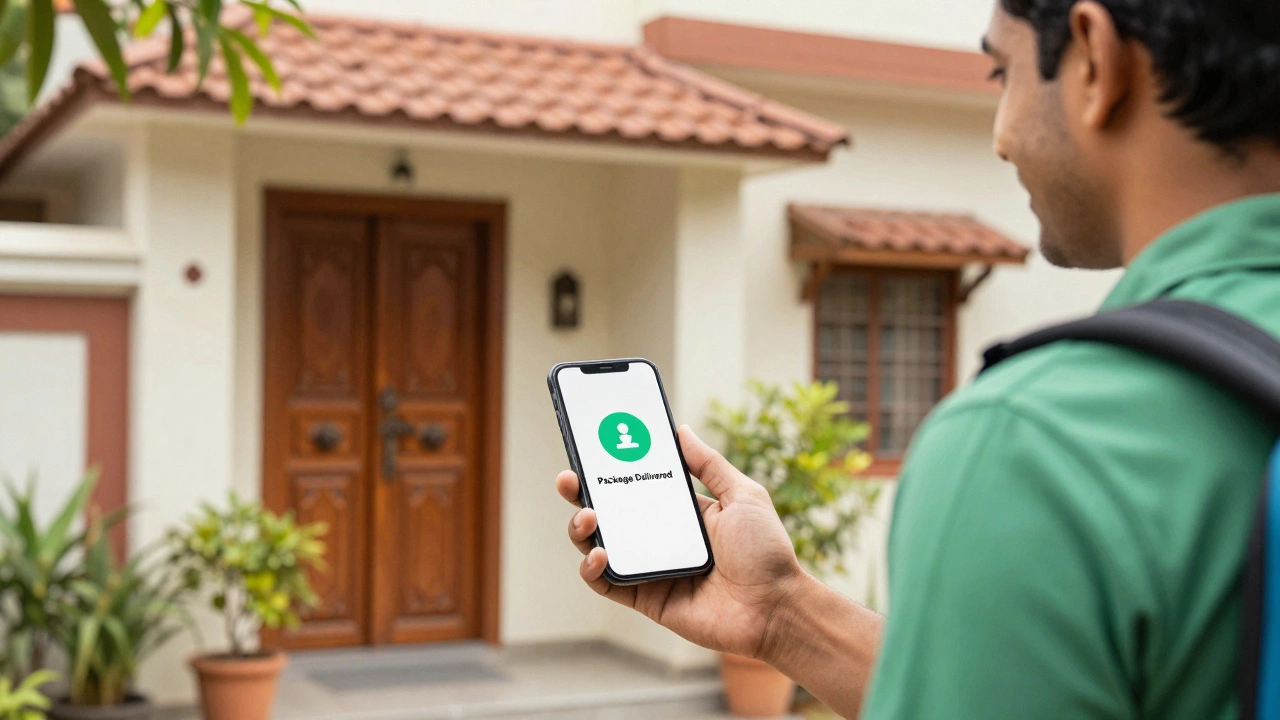 Driver holding phone at Indian home doorstep for delivery