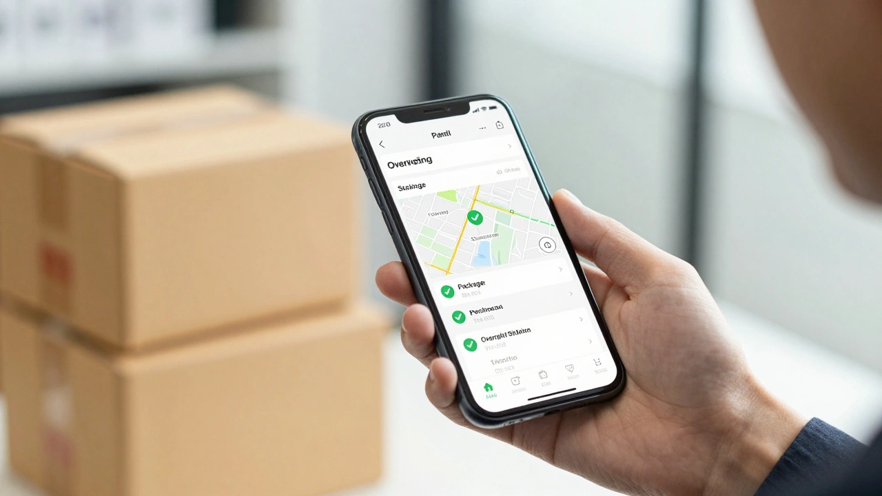 Hand holding phone with detailed package tracking map in an office