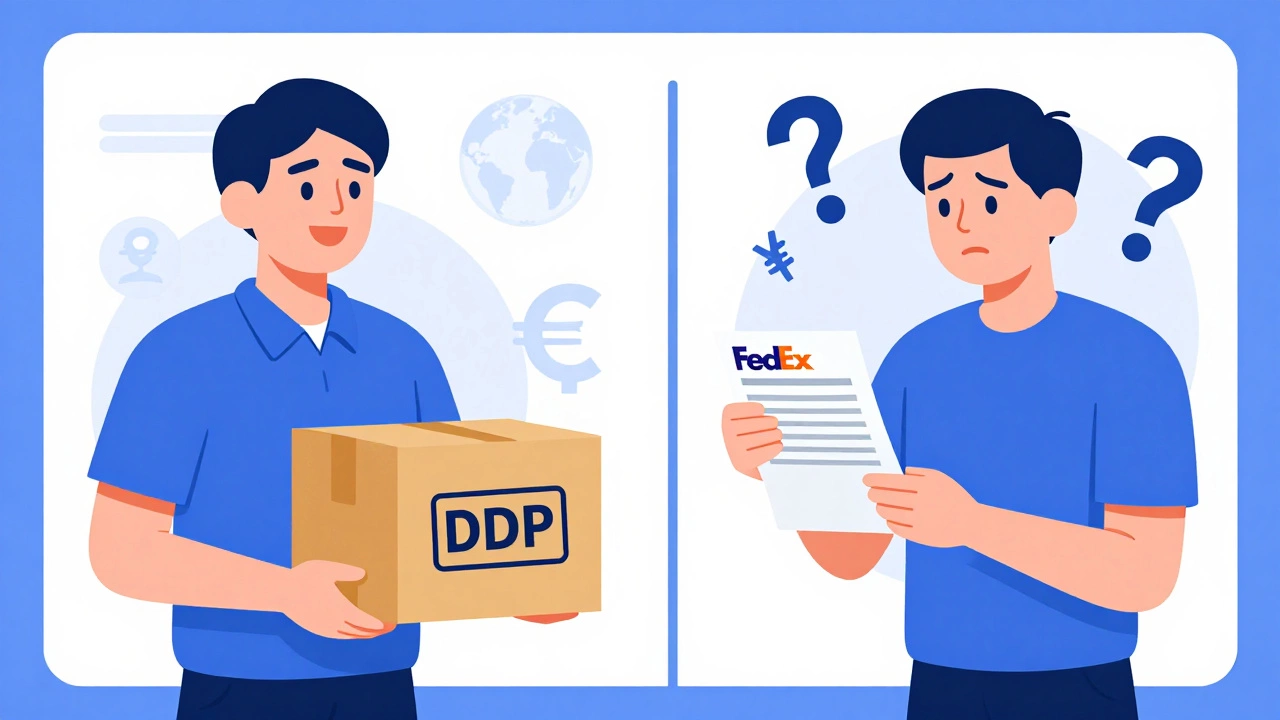 Illustration comparing smooth DDP delivery vs confusing duty fees