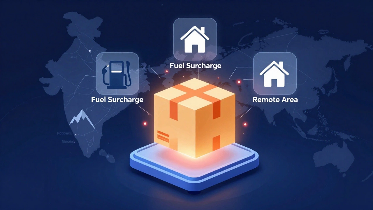Illustration of a package with floating icons representing hidden shipping surcharges
