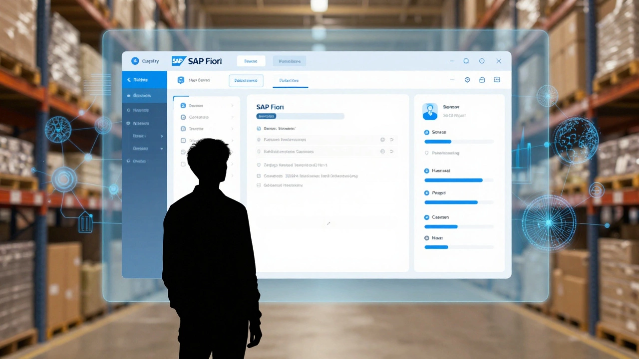 Learner viewing a simplified SAP interface with AI analytics overlays.