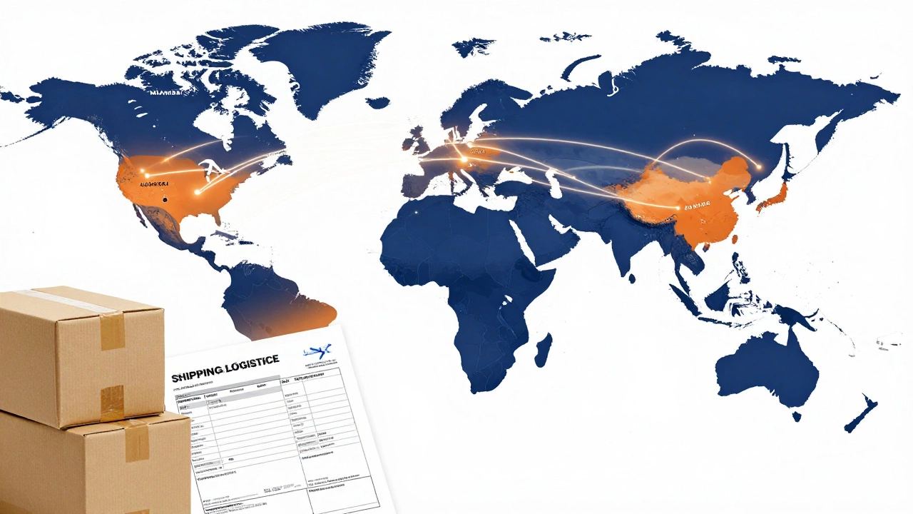 Map of India with shipping routes and parcels, illustrating international logistics.
