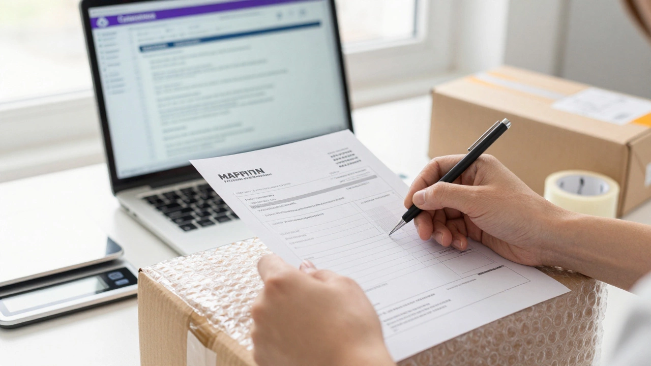 Person preparing international shipment with documents and packaging