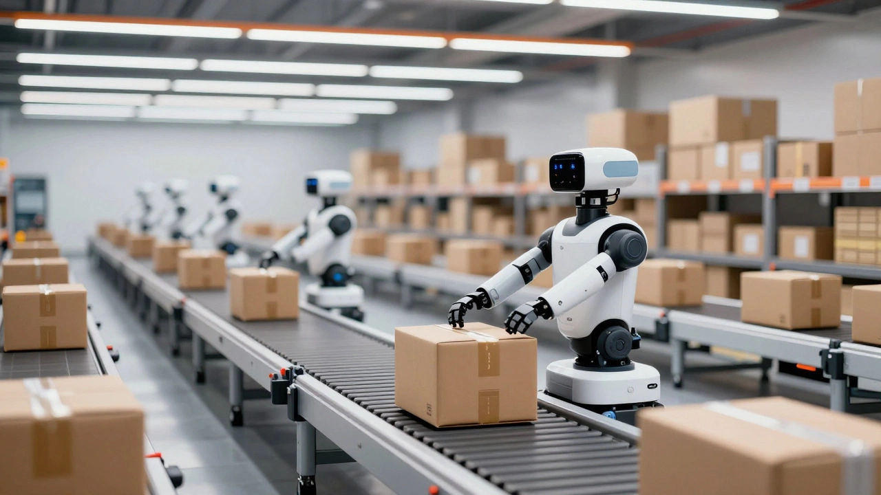 Robots sorting packages in a high-tech Amazon fulfillment center