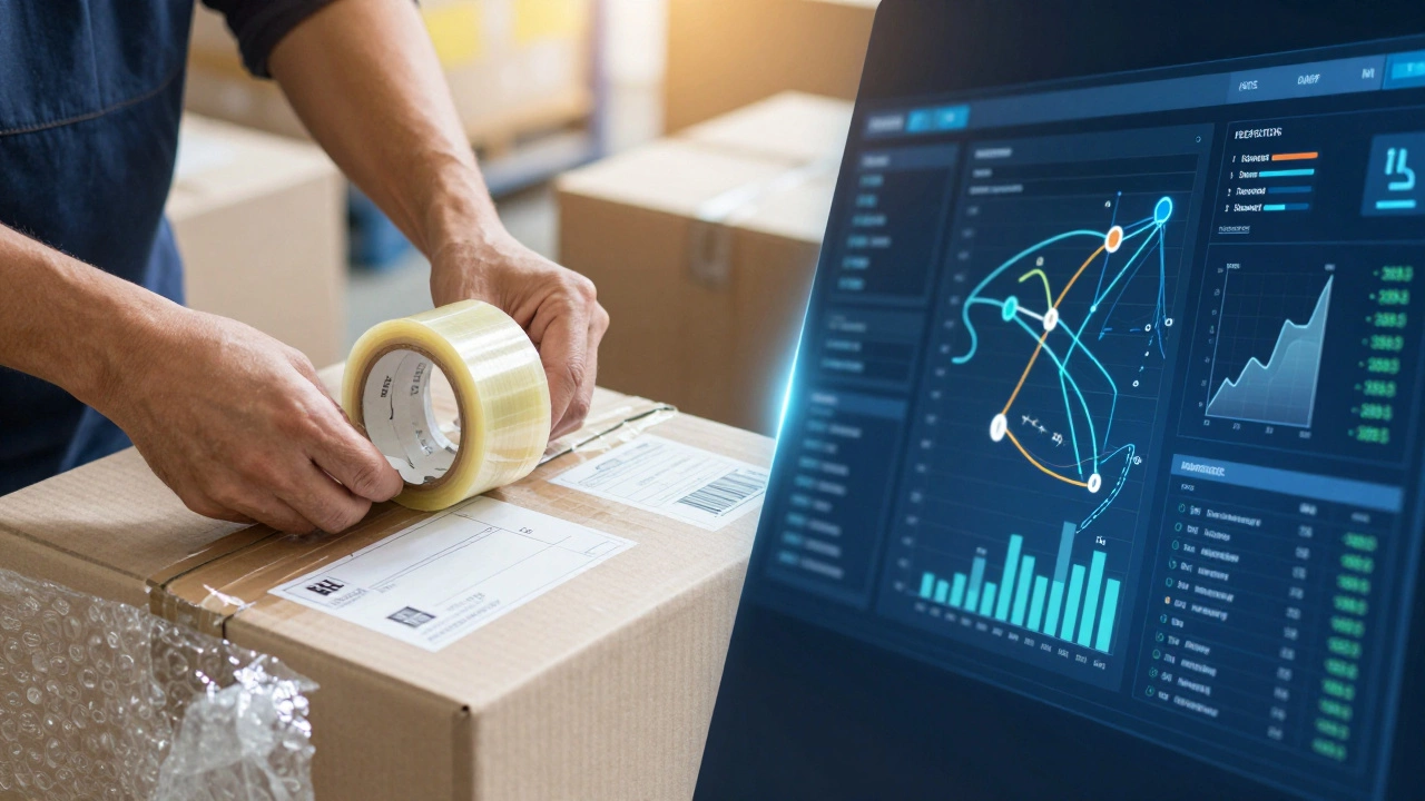 Split image comparing physical packing tasks with digital strategy
