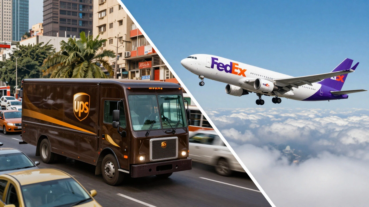 Split view of a UPS truck in city traffic and a FedEx plane in flight