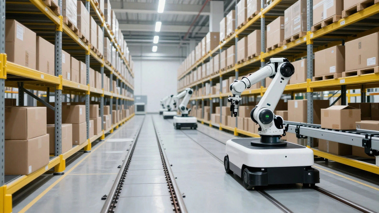 Automated guided vehicles moving boxes in a modern warehouse