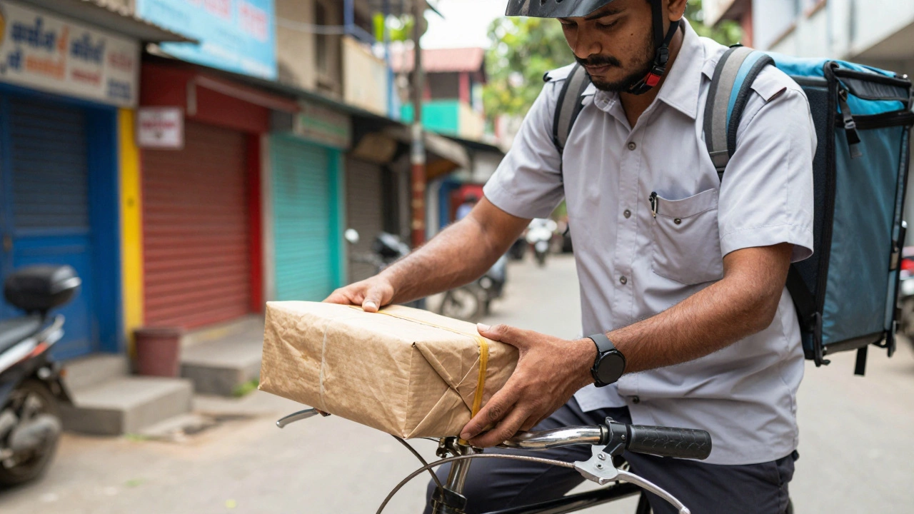 Bicycle courier carefully handling package in Indian street