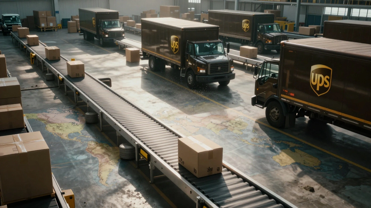 Busy logistics hub with packages moving on conveyor belts