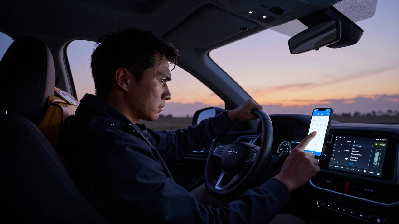 Driver looking stressed while checking delivery blocks on phone at dawn.