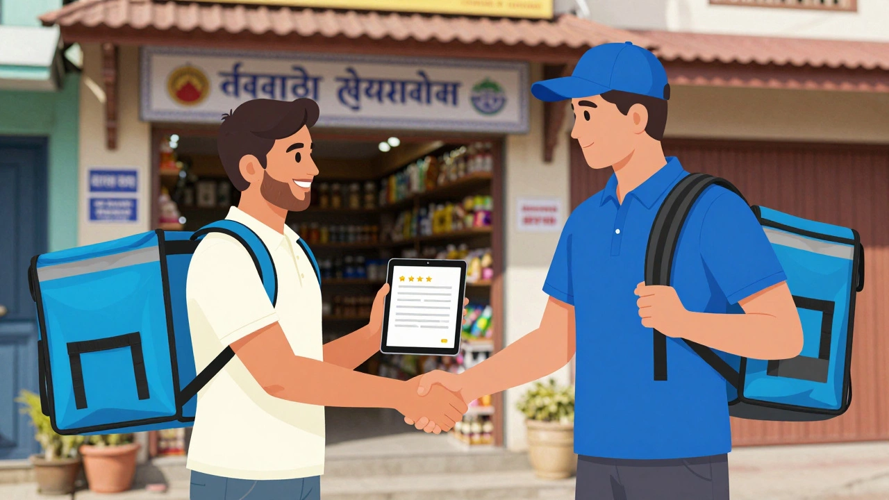 Handshake deal between shop owner and delivery freelancer