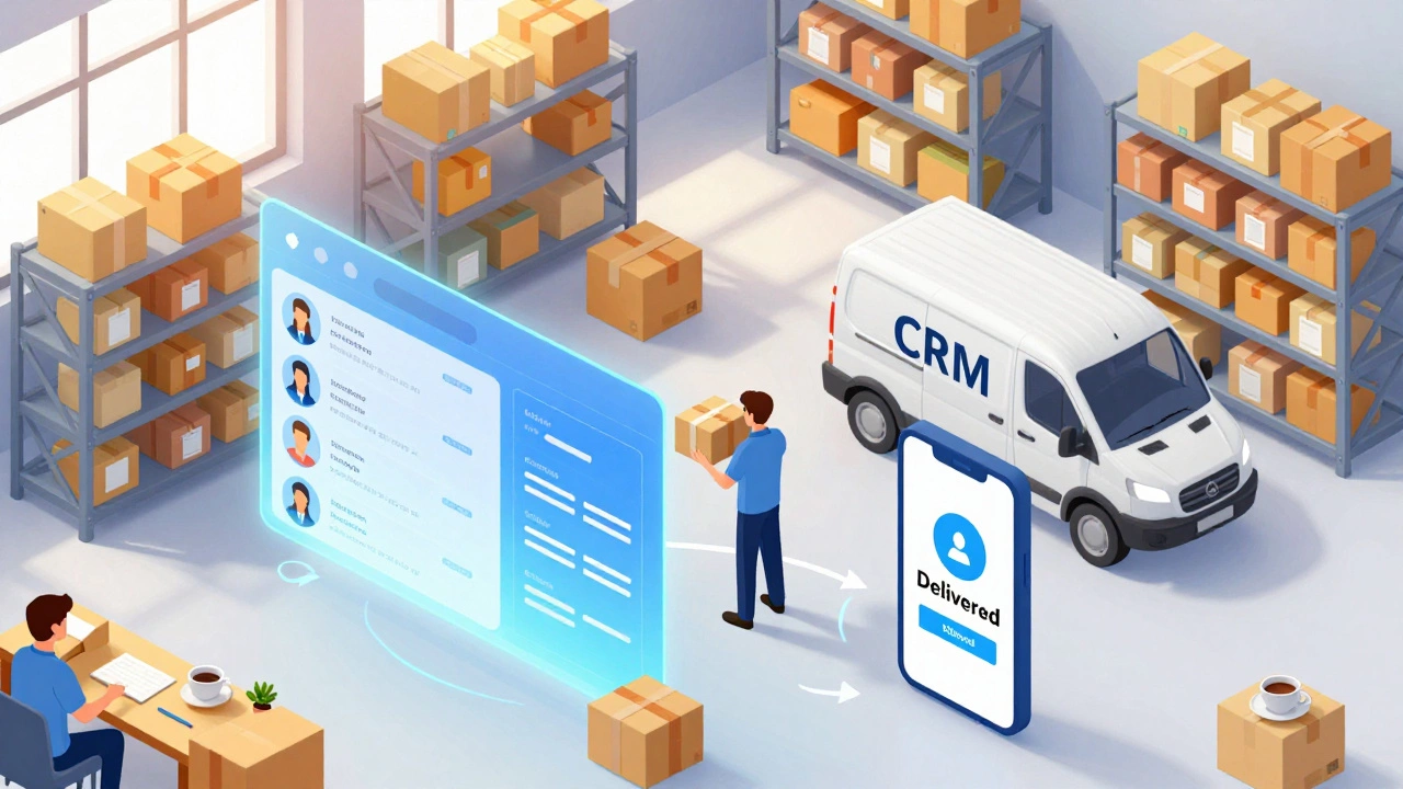 Isometric view of warehouse with holographic CRM dashboard tracking shipments