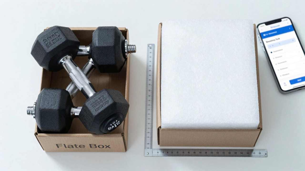 Overhead view comparing heavy items in flat rate boxes vs bulky packages