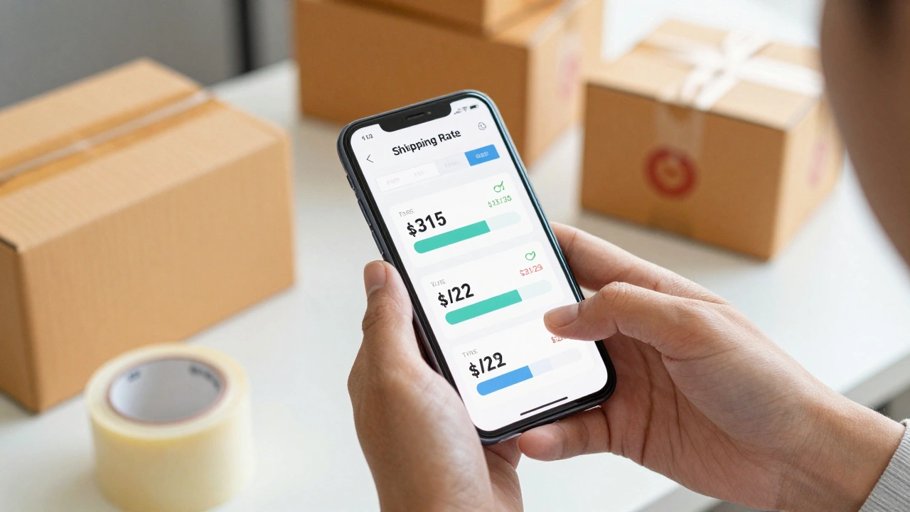 Person checking shipping rates on phone amidst packed boxes