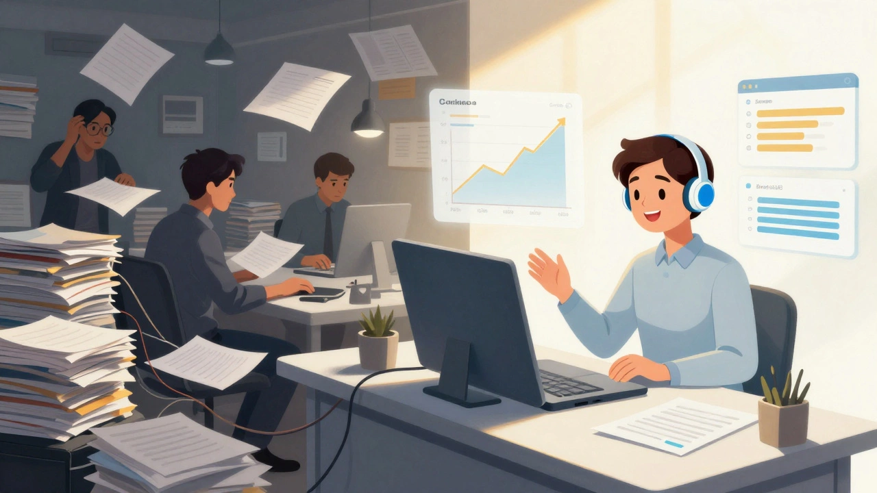 Split screen comparing chaotic manual data entry with clean AI-powered CRM interface