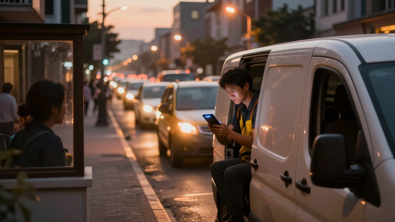 Stressed delivery driver in traffic holding a scanner, representing last-mile bottlenecks.