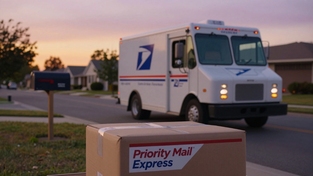 USPS truck on a suburban street at sunset with a package in foreground