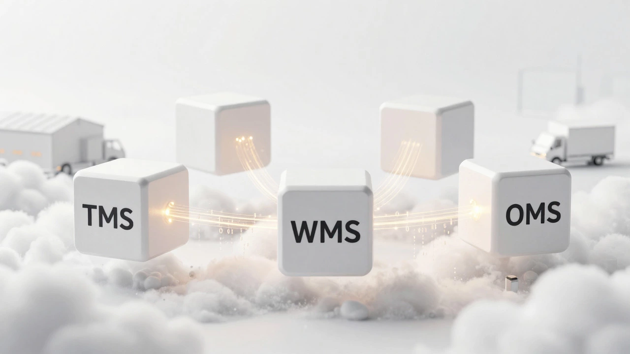 Abstract 3D visualization of interconnected logistics software modules in a cloud environment.