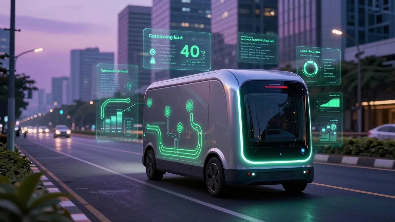 Autonomous electric delivery vehicle with holographic green route and carbon tracking overlays.