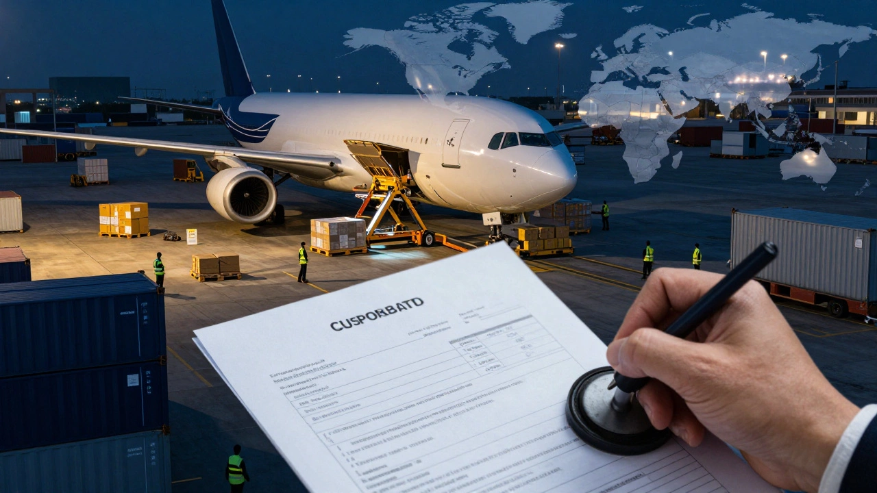 Cargo plane loading at night with customs documents and global map projection