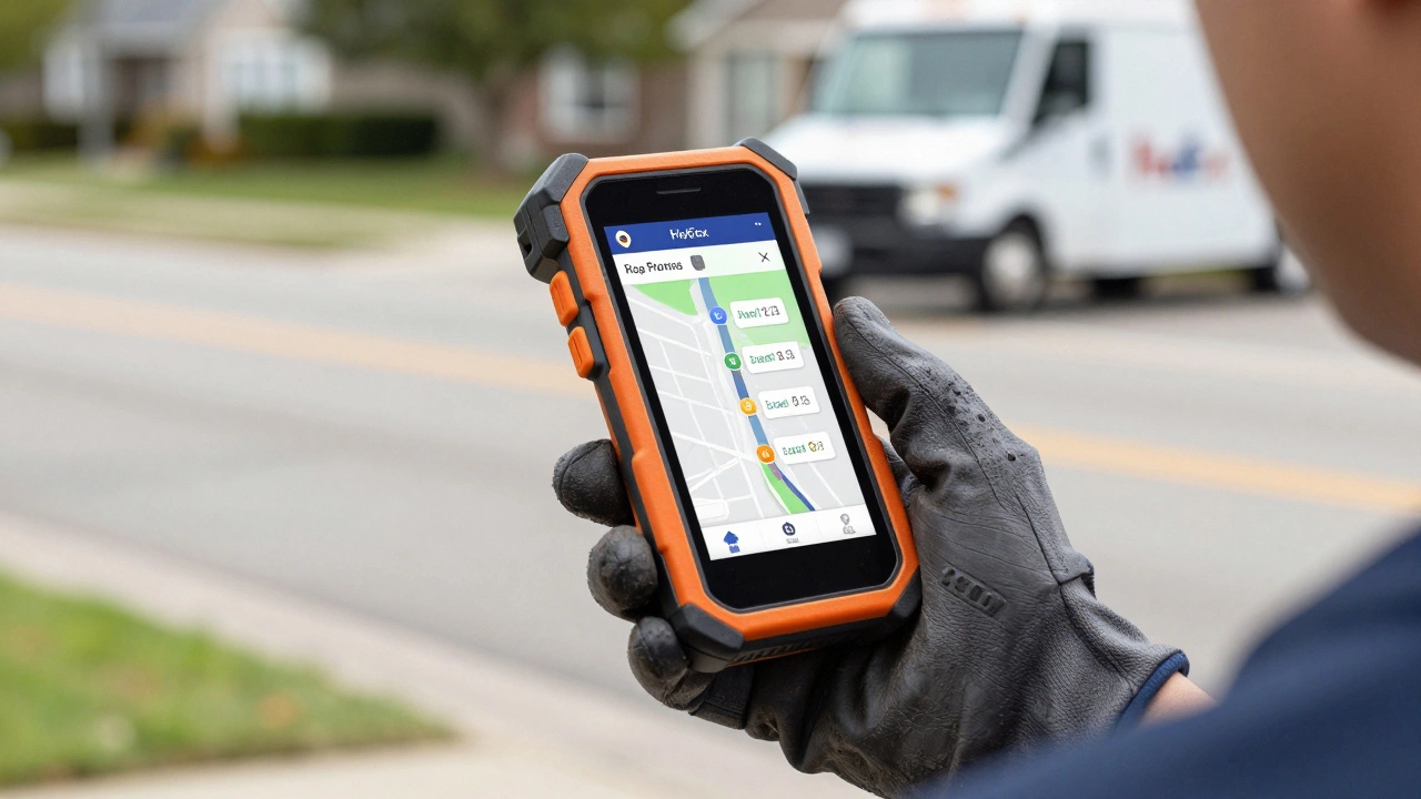 Close-up of a FedEx driver holding a ruggedized handheld scanning device with custom app