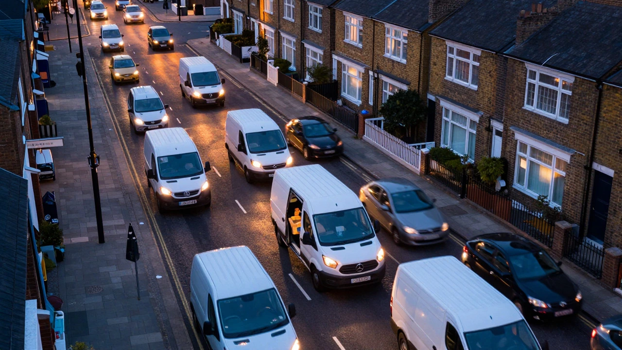 Delivery vans on a busy city street during evening rush hour