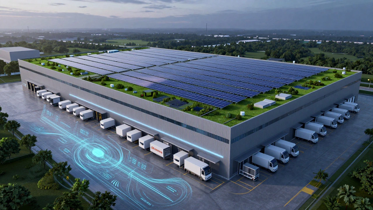 Futuristic eco-friendly warehouse with solar panels and electric trucks at sunset