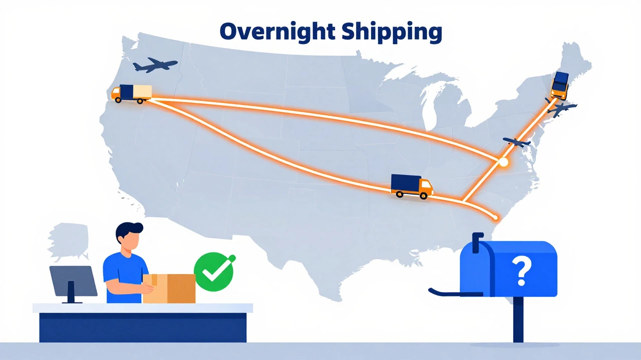 Map of US overnight shipping routes with post office vs mailbox comparison