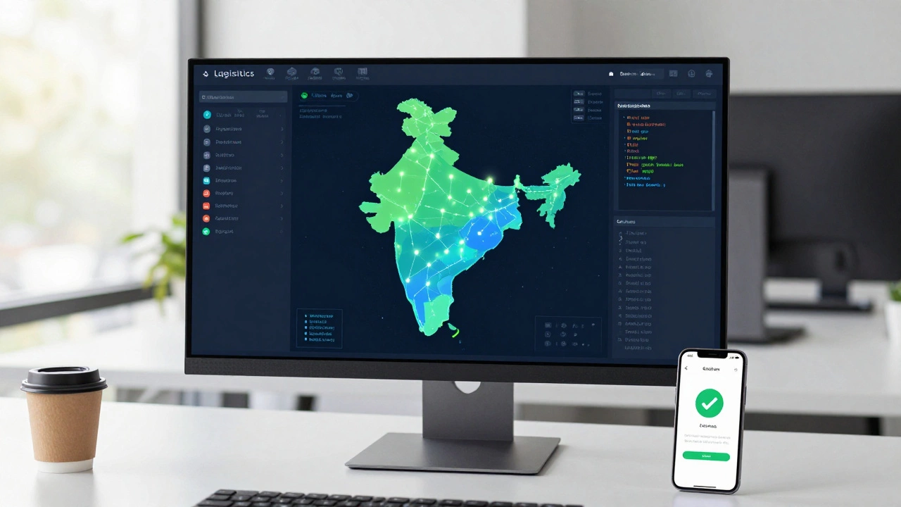 Modern office desk with logistics dashboard and mobile tracking app
