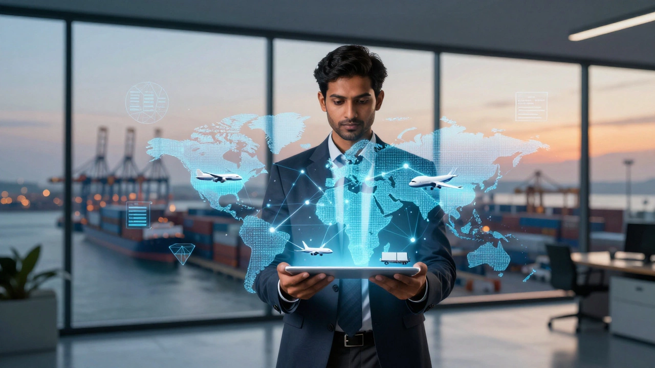 Professional using holographic tech to manage global supply chain data
