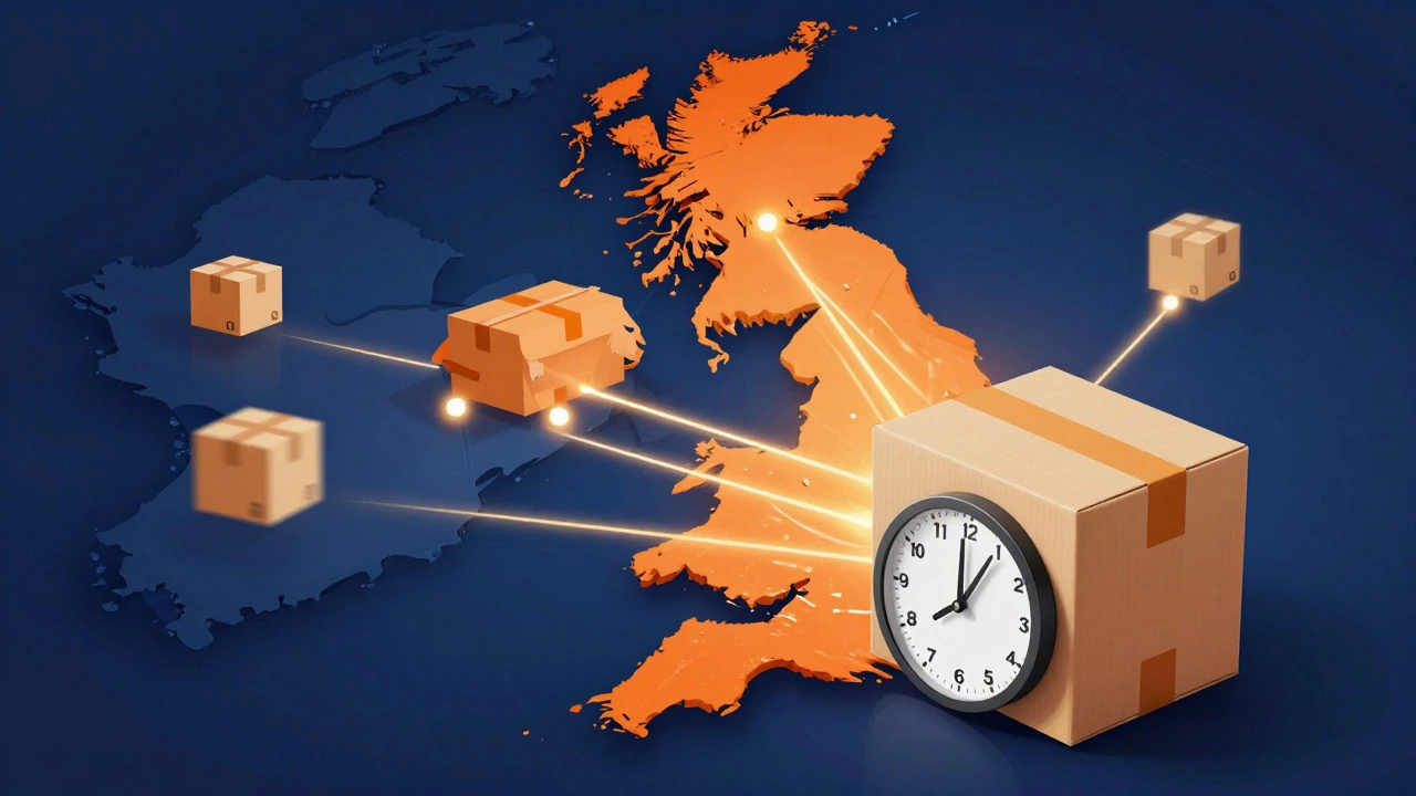 Stylized map showing fast delivery routes across UK cities