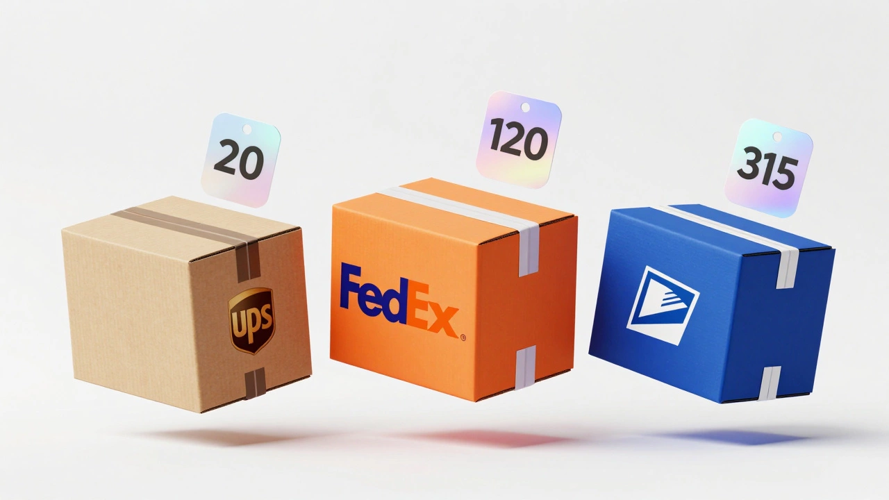 Three branded shipping boxes with holographic price tags comparing carrier rates